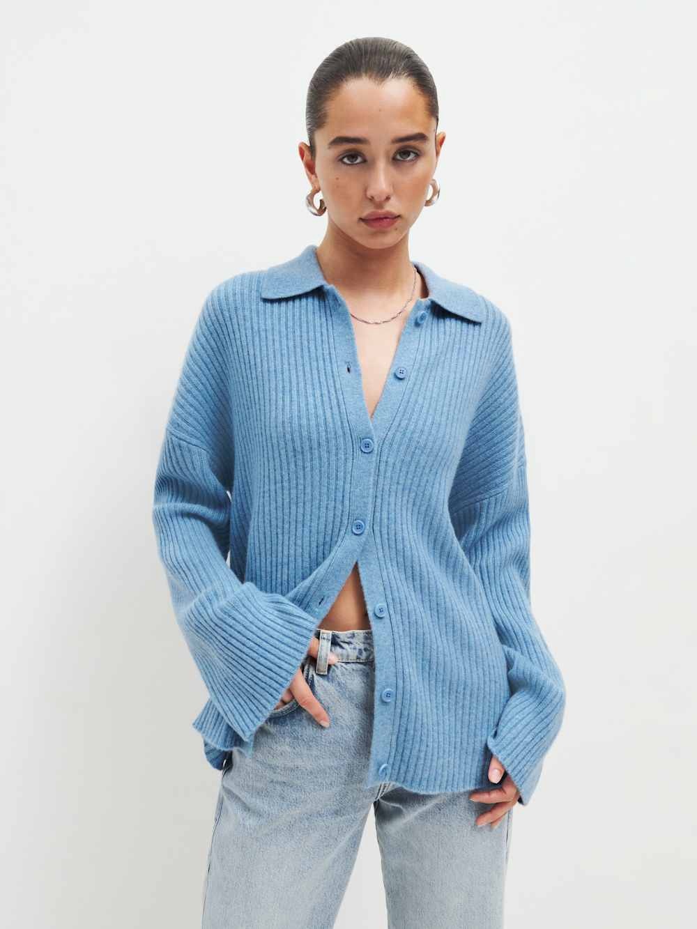 NWOT Reformation Sky Blue Ribbed Button-Down Cardigan